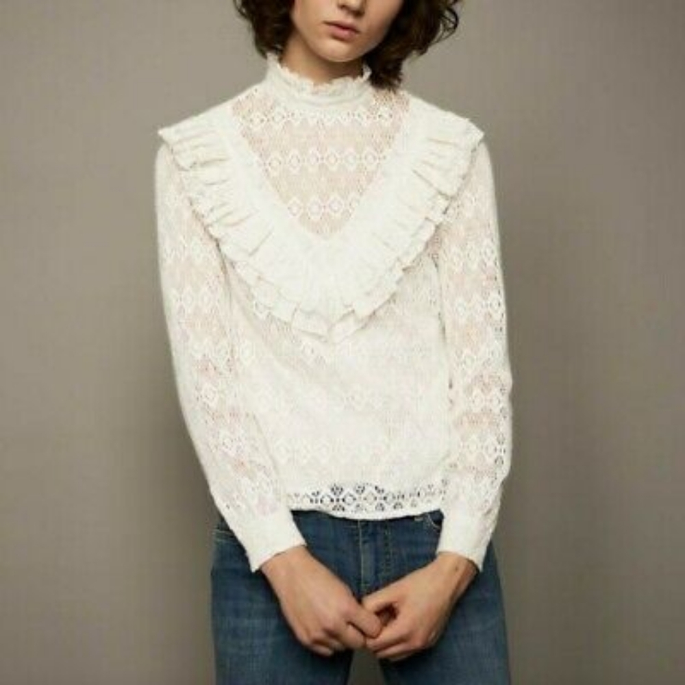 Maje open knit high neck ruffle crochet sweater Size 3